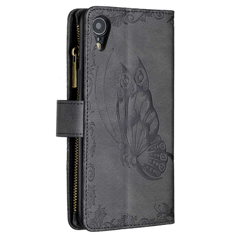 For iPhone XR Flying Butterfly Embossing Pattern Zipper Horizontal Flip Leather Case with Holder & C