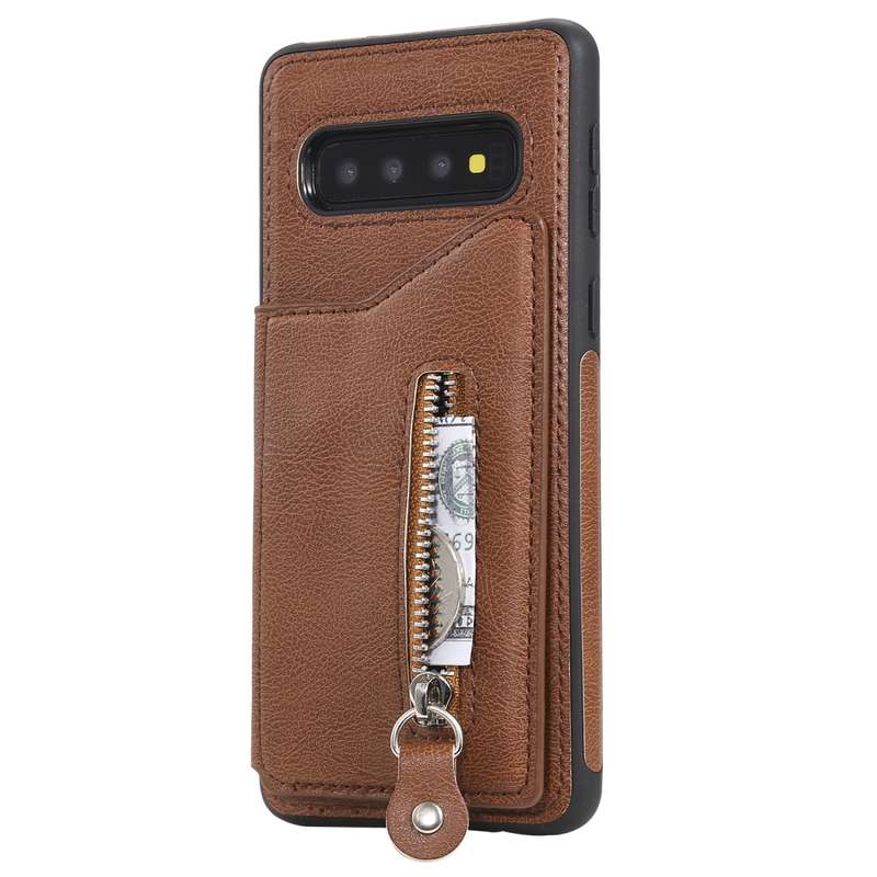 For Galaxy S10 Solid Color Double Buckle Zipper Shockproof Protective Case(Brown)