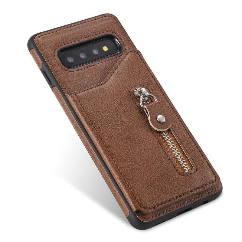 For Galaxy S10 Solid Color Double Buckle Zipper Shockproof Protective Case(Brown)