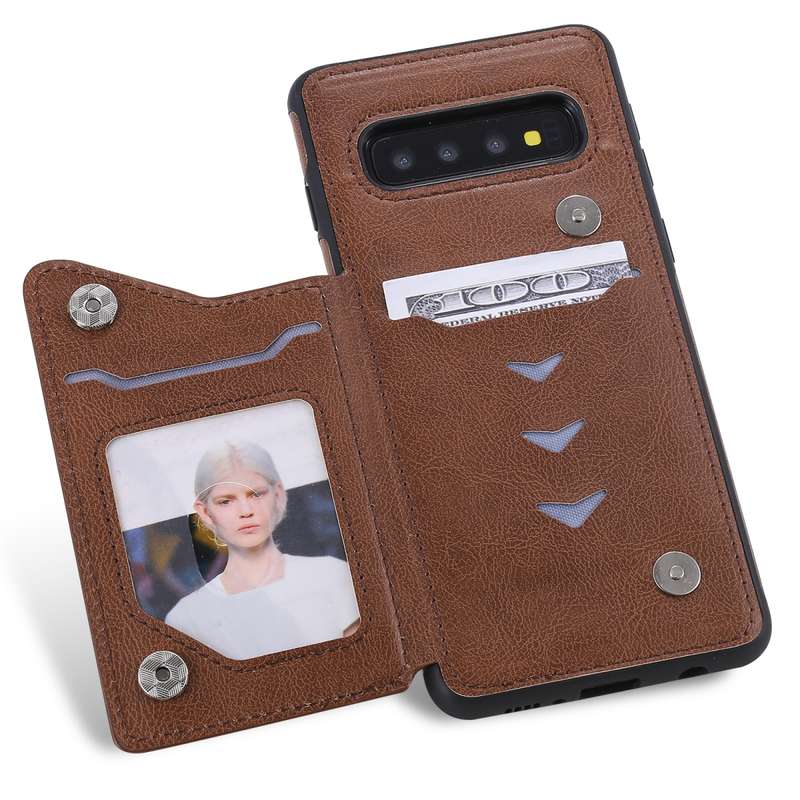 For Galaxy S10 Solid Color Double Buckle Zipper Shockproof Protective Case(Brown)