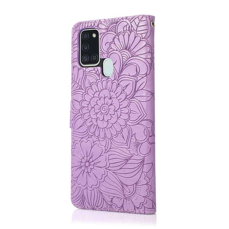 For Samsung Galaxy A21s Skin Feel Embossed Sunflower Horizontal Flip Leather Case with Holder & Card