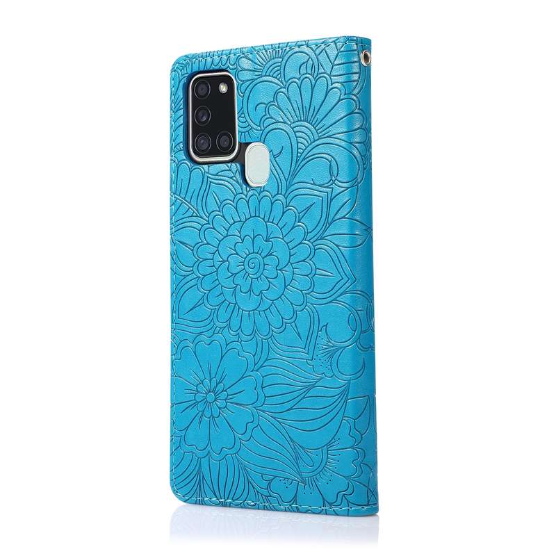 For Samsung Galaxy A21s Skin Feel Embossed Sunflower Horizontal Flip Leather Case with Holder & Card