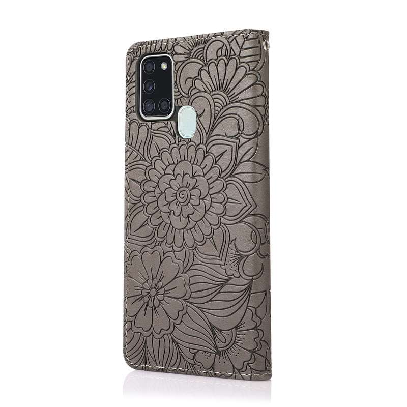 For Samsung Galaxy A21s Skin Feel Embossed Sunflower Horizontal Flip Leather Case with Holder & Card
