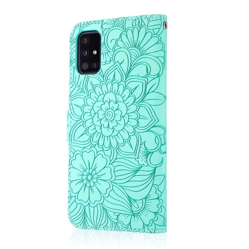 For Samsung Galaxy A51 Skin Feel Embossed Sunflower Horizontal Flip Leather Case with Holder & Card