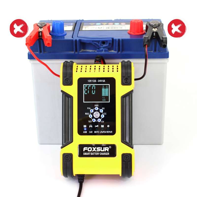 FOXSUR 12A / 12V / 24V Car / Motorcycle 7-stage Lead-acid Battery AGM Charger, Plug Type:EU Plug(Yel
