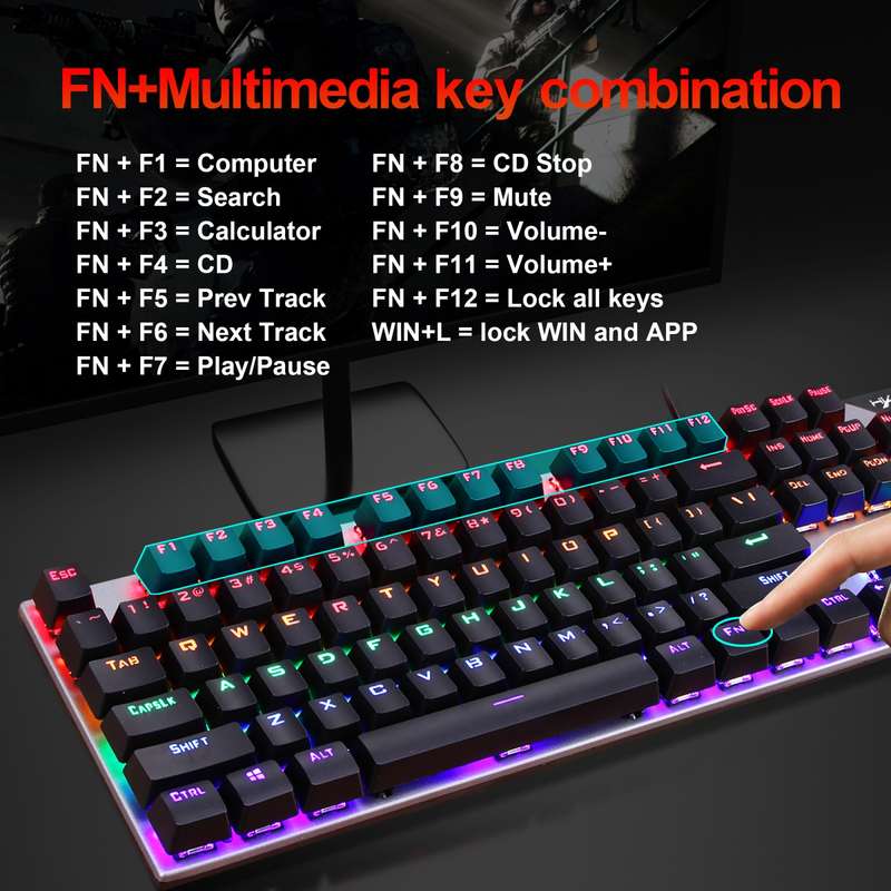 HXSJ L300 104 Keys USB Port LED Lighting Wired Mechanical Keyboard(Black)