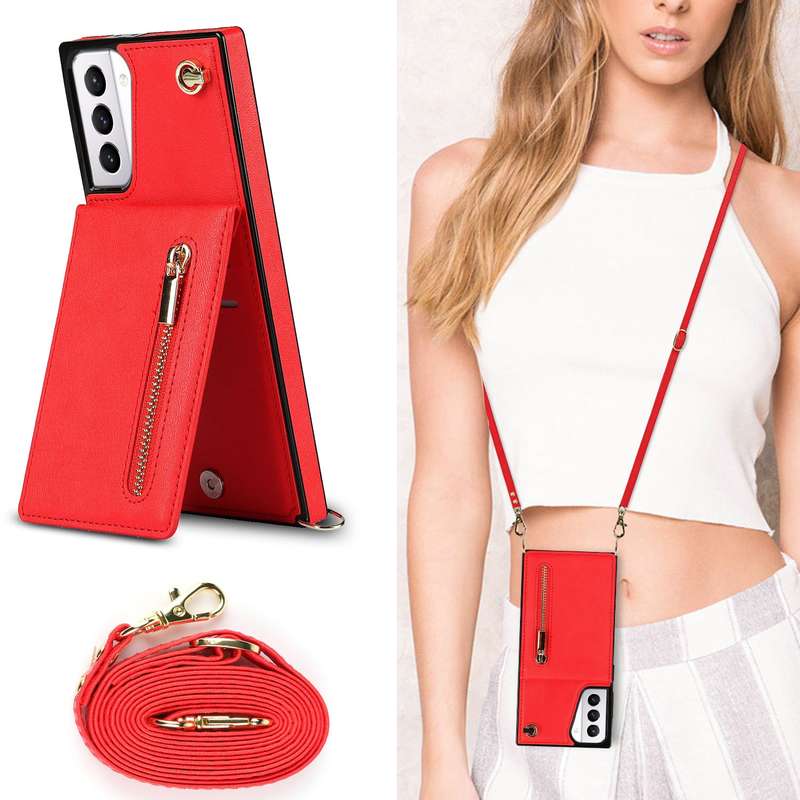 For Samsung Galaxy S21+ 5G Cross-body Zipper Square TPU+PU Back Cover Case with Holder & Card Slots