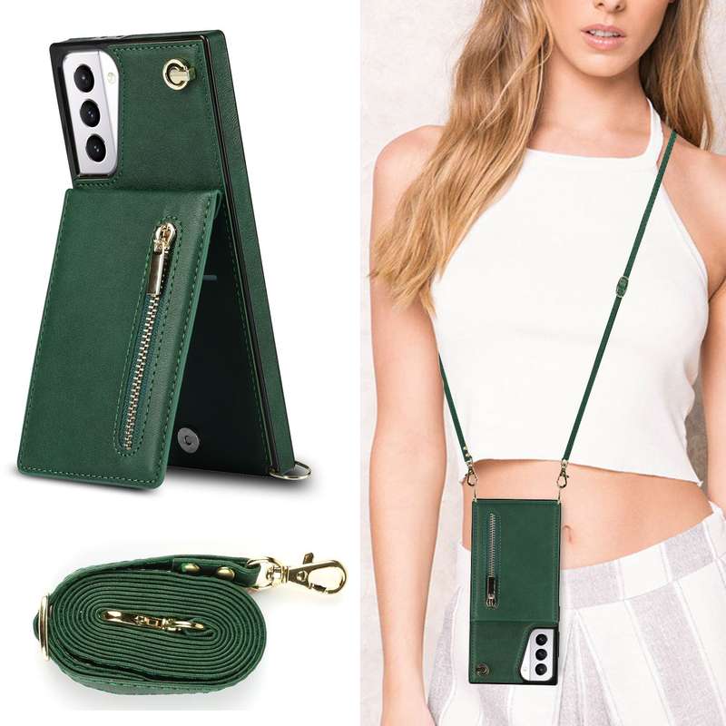 For Samsung Galaxy S21+ 5G Cross-body Zipper Square TPU+PU Back Cover Case with Holder & Card Slots