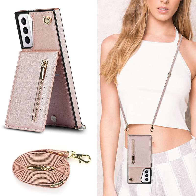 For Samsung Galaxy S21+ 5G Cross-body Zipper Square TPU+PU Back Cover Case with Holder & Card Slots
