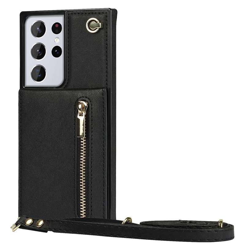 For Samsung Galaxy S21 Ultra 5G Cross-body Zipper Square TPU+PU Back Cover Case with Holder & Card S