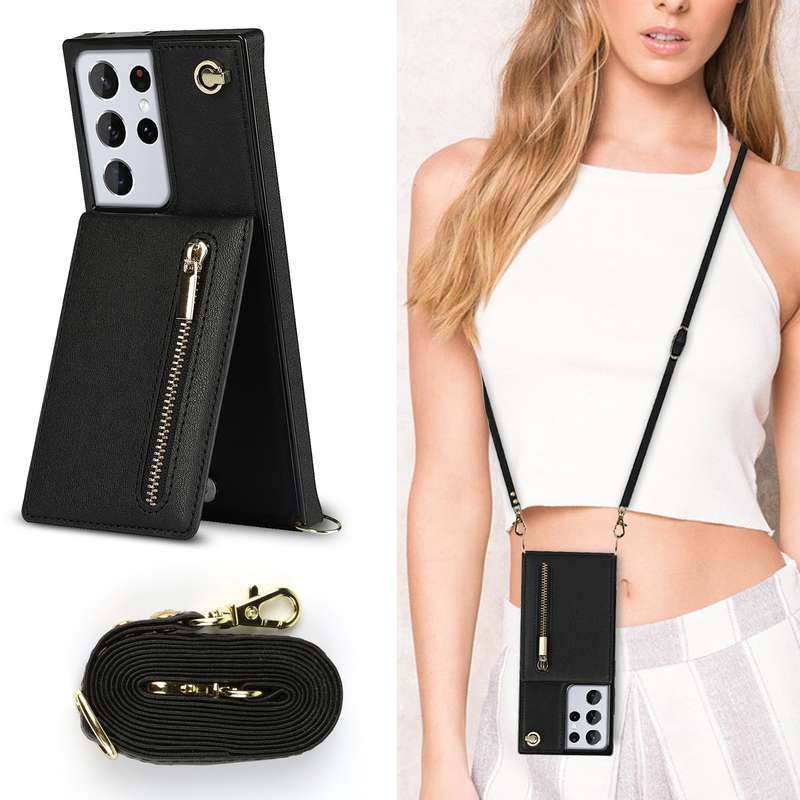 For Samsung Galaxy S21 Ultra 5G Cross-body Zipper Square TPU+PU Back Cover Case with Holder & Card S