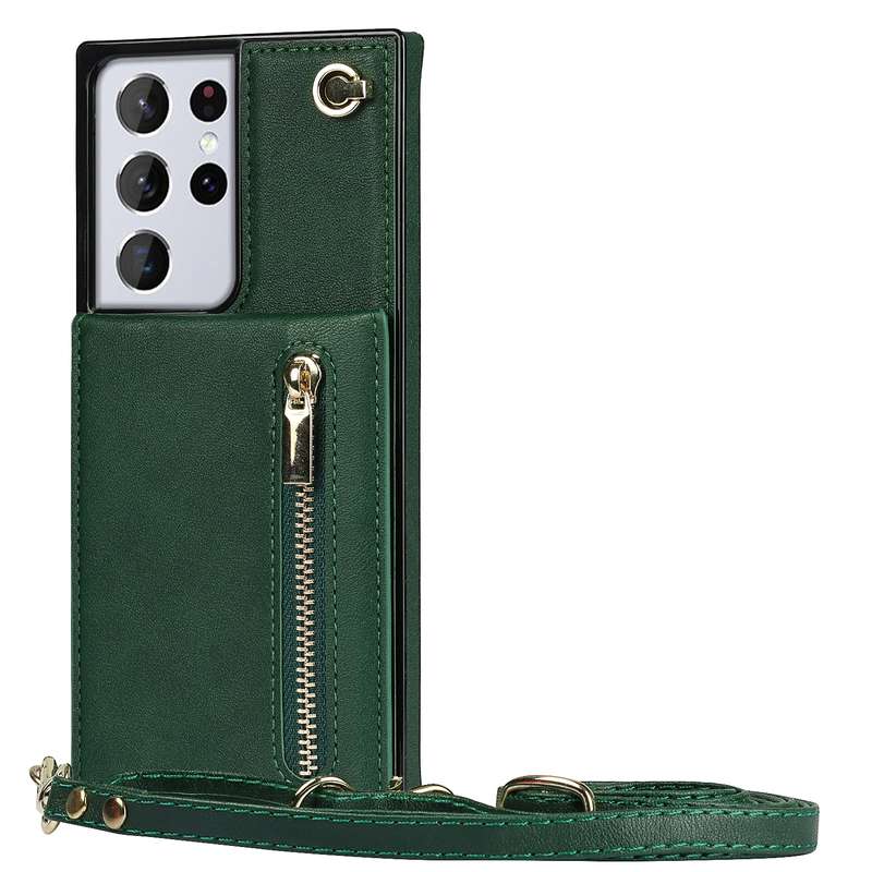 For Samsung Galaxy S21 Ultra 5G Cross-body Zipper Square TPU+PU Back Cover Case with Holder & Card S