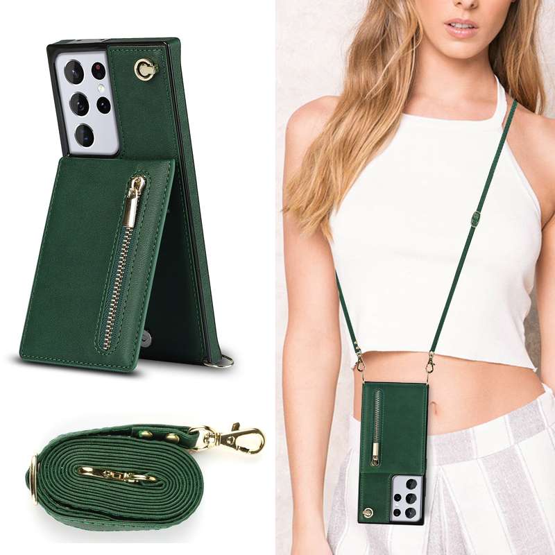 For Samsung Galaxy S21 Ultra 5G Cross-body Zipper Square TPU+PU Back Cover Case with Holder & Card S