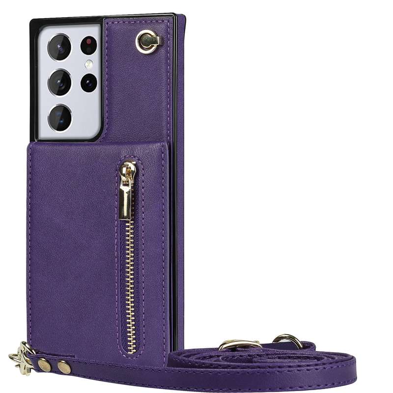 For Samsung Galaxy S21 Ultra 5G Cross-body Zipper Square TPU+PU Back Cover Case with Holder & Card S