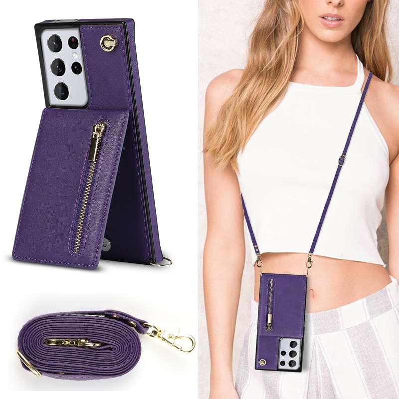 For Samsung Galaxy S21 Ultra 5G Cross-body Zipper Square TPU+PU Back Cover Case with Holder & Card S
