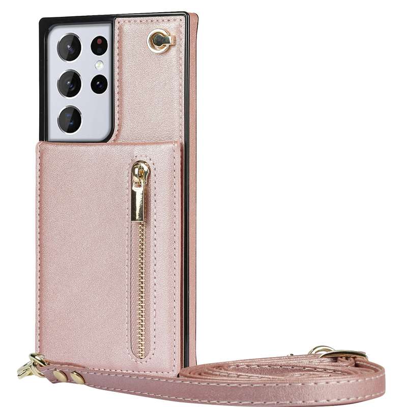 For Samsung Galaxy S21 Ultra 5G Cross-body Zipper Square TPU+PU Back Cover Case with Holder & Card S