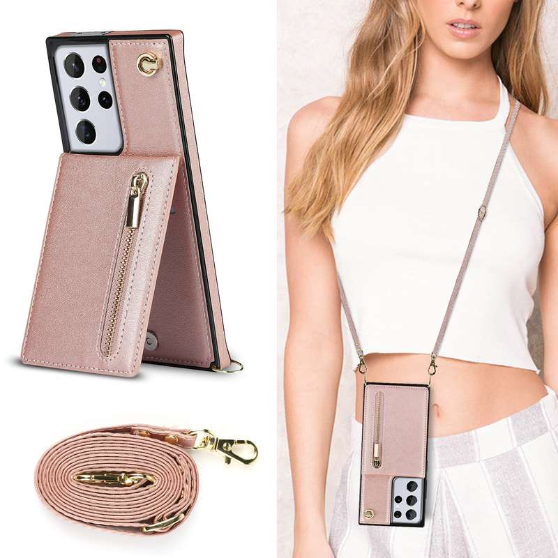 For Samsung Galaxy S21 Ultra 5G Cross-body Zipper Square TPU+PU Back Cover Case with Holder & Card S