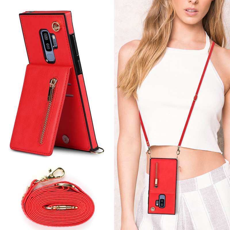 For Samsung Galaxy S9 Plus Cross-body Zipper Square TPU+PU Back Cover Case with Holder & Card Slots