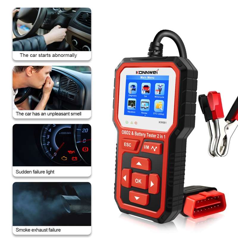 KONNWEI KW681 Car 2.4 inch TFT Screen OBD Fault Diagnosis + 6V-12V Battery Tester Support 9 Language