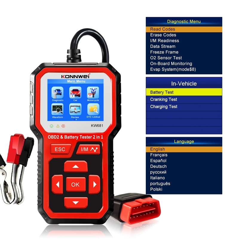 KONNWEI KW681 Car 2.4 inch TFT Screen OBD Fault Diagnosis + 6V-12V Battery Tester Support 9 Language