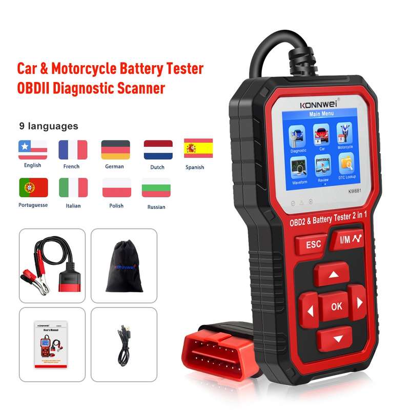 KONNWEI KW681 Car 2.4 inch TFT Screen OBD Fault Diagnosis + 6V-12V Battery Tester Support 9 Language