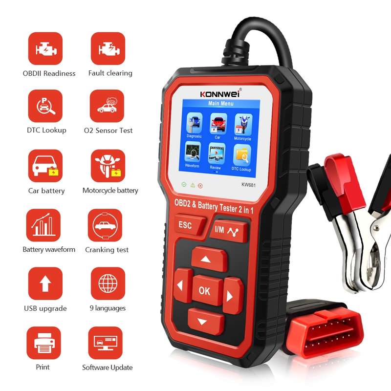 KONNWEI KW681 Car 2.4 inch TFT Screen OBD Fault Diagnosis + 6V-12V Battery Tester Support 9 Language