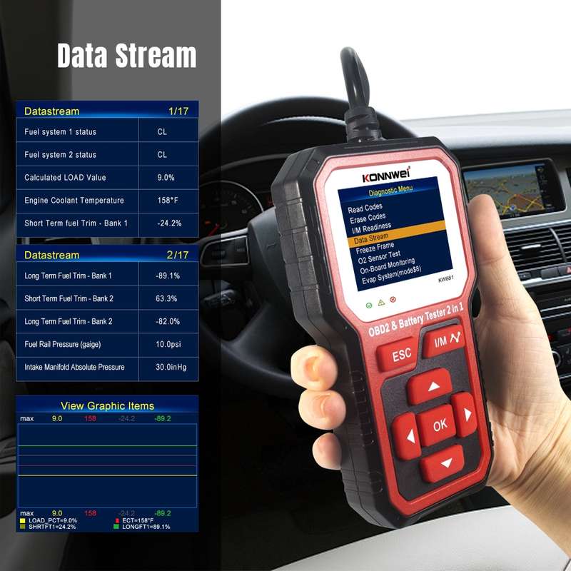 KONNWEI KW681 Car 2.4 inch TFT Screen OBD Fault Diagnosis + 6V-12V Battery Tester Support 9 Language