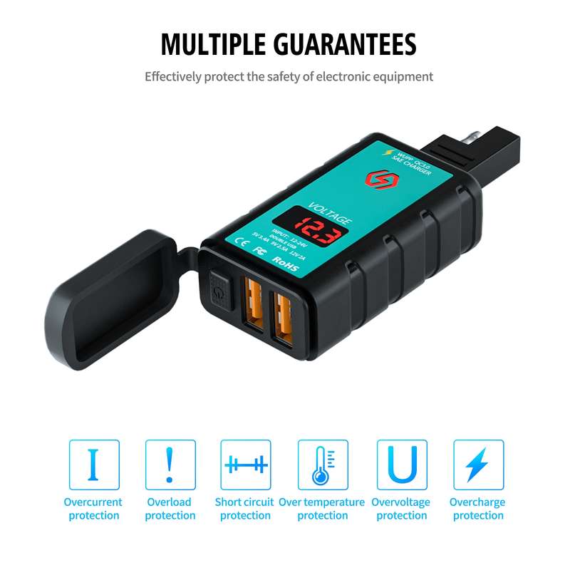 WUPP ZH-1422A1 DC12-24V Motorcycle Square Dual USB Fast Charging Charger with Switch + Voltmeter + I