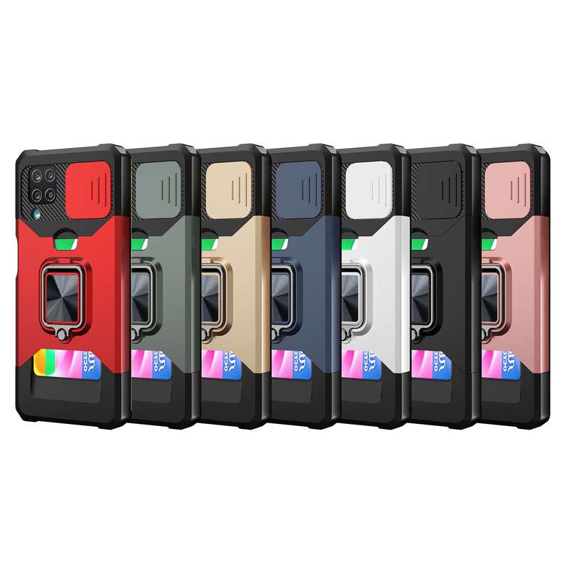 For Samsung Galaxy A12 Sliding Camera Cover Design PC + TPU Shockproof Case with Ring Holder & Card