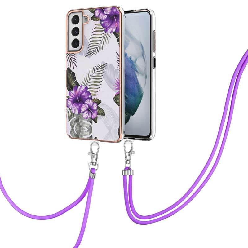 For Samsung Galaxy S21 FE Electroplating Pattern IMD TPU Shockproof Case with Neck Lanyard(Milky Way