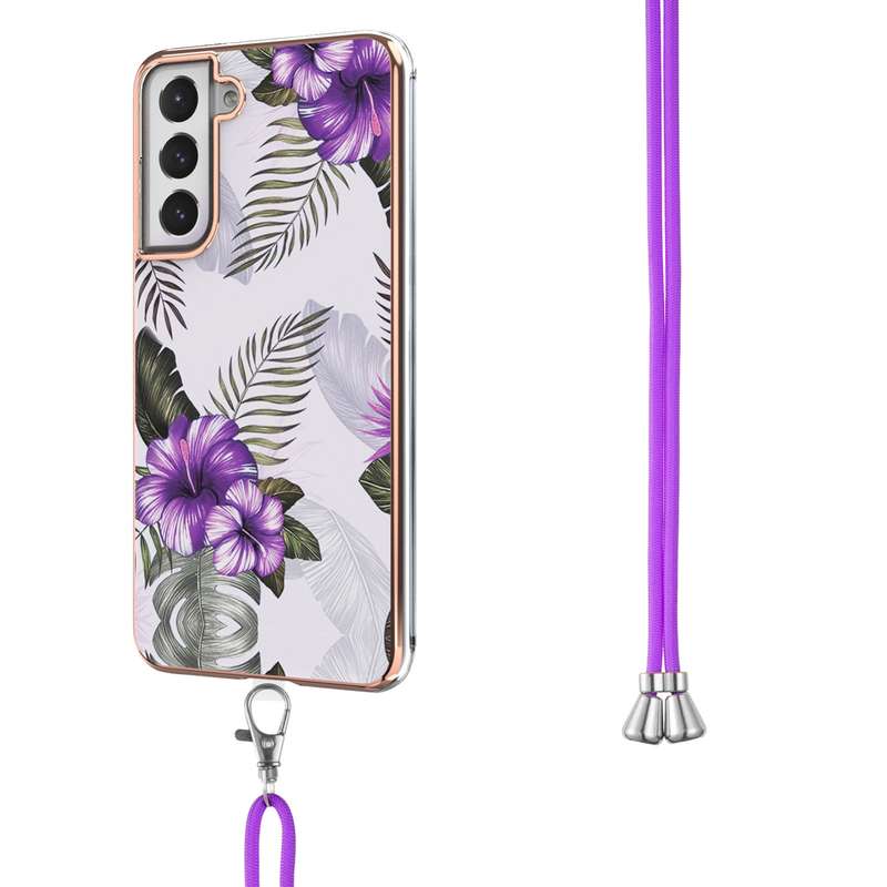For Samsung Galaxy S21 FE Electroplating Pattern IMD TPU Shockproof Case with Neck Lanyard(Milky Way