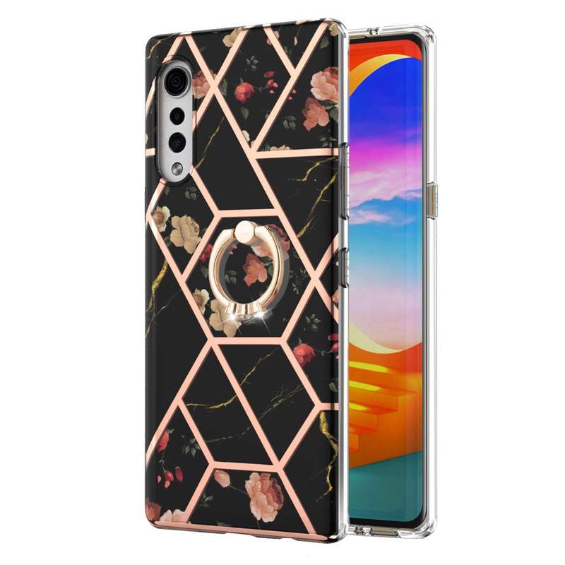 For LG Velvet Electroplating Splicing Marble Flower Pattern TPU Shockproof Case with Rhinestone Ring