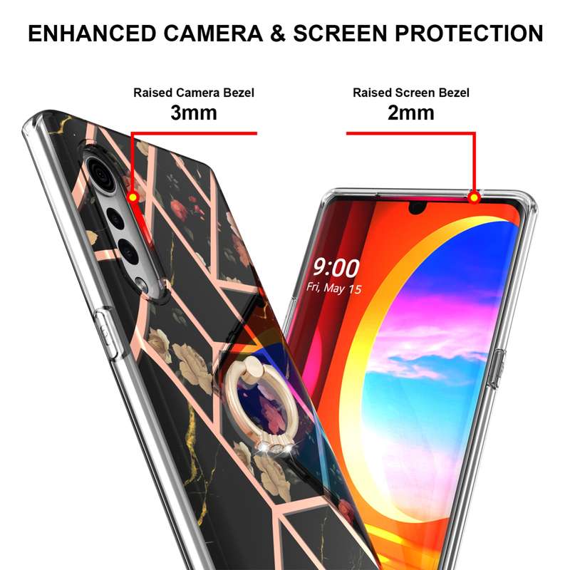 For LG Velvet Electroplating Splicing Marble Flower Pattern TPU Shockproof Case with Rhinestone Ring