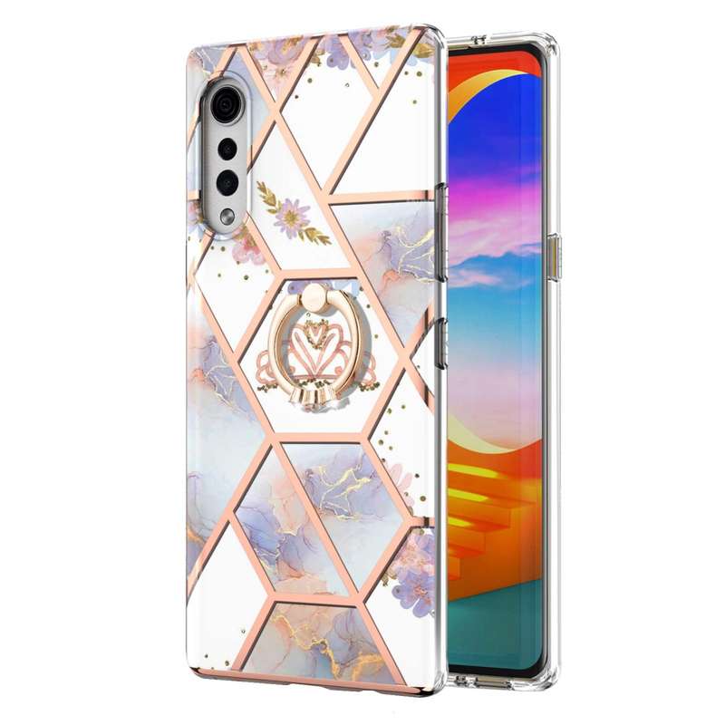 For LG Velvet Electroplating Splicing Marble Flower Pattern TPU Shockproof Case with Rhinestone Ring