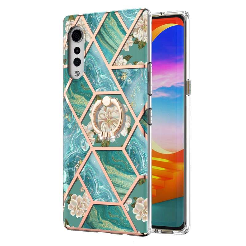 For LG Velvet Electroplating Splicing Marble Flower Pattern TPU Shockproof Case with Rhinestone Ring