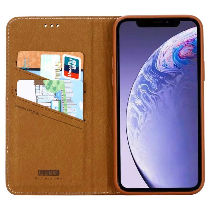 For iPhone 11 GEBEI Top-grain Leather Horizontal Flip Protective Case with Holder & Card Slots(Brown