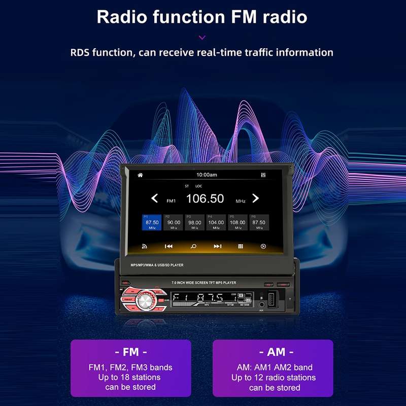 9601C HD 7 inch Universal Car Manually Retractable Screen MP5 Player with Carplay, Support FM & Blue
