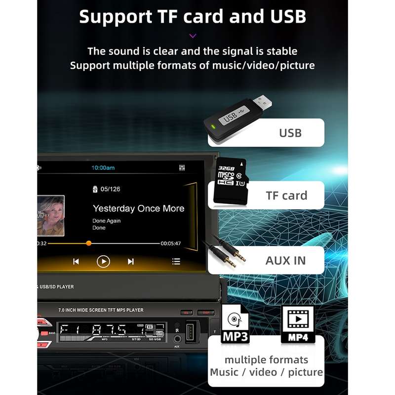 9601C HD 7 inch Universal Car Manually Retractable Screen MP5 Player with Carplay, Support FM & Blue
