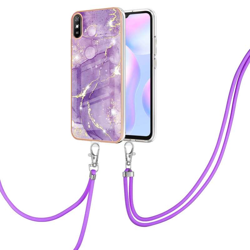 For Xiaomi Redmi 9A Electroplating Marble Pattern IMD TPU Shockproof Case with Neck Lanyard(Rose Gol