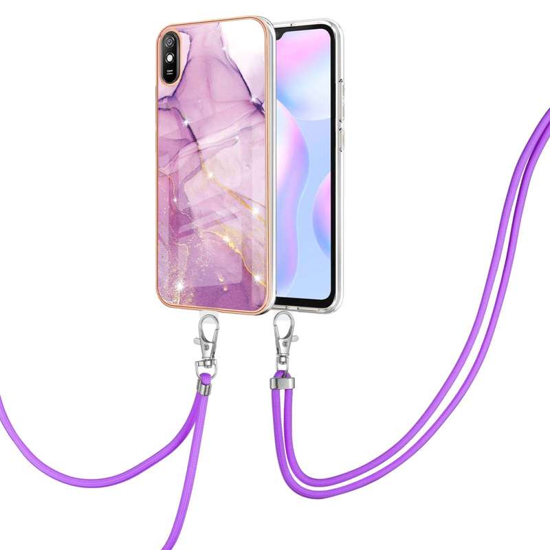 For Xiaomi Redmi 9A Electroplating Marble Pattern IMD TPU Shockproof Case with Neck Lanyard(Rose Gol