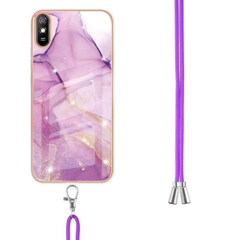 For Xiaomi Redmi 9A Electroplating Marble Pattern IMD TPU Shockproof Case with Neck Lanyard(Rose Gol