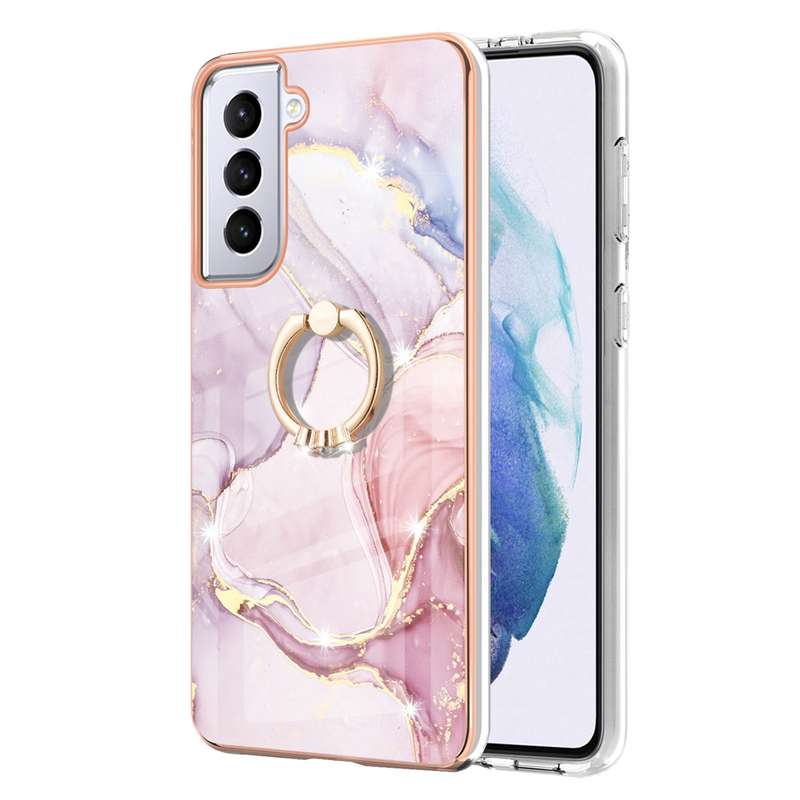 For Samsung Galaxy S21 5G Electroplating Marble Pattern IMD TPU Shockproof Case with Ring Holder(Ros