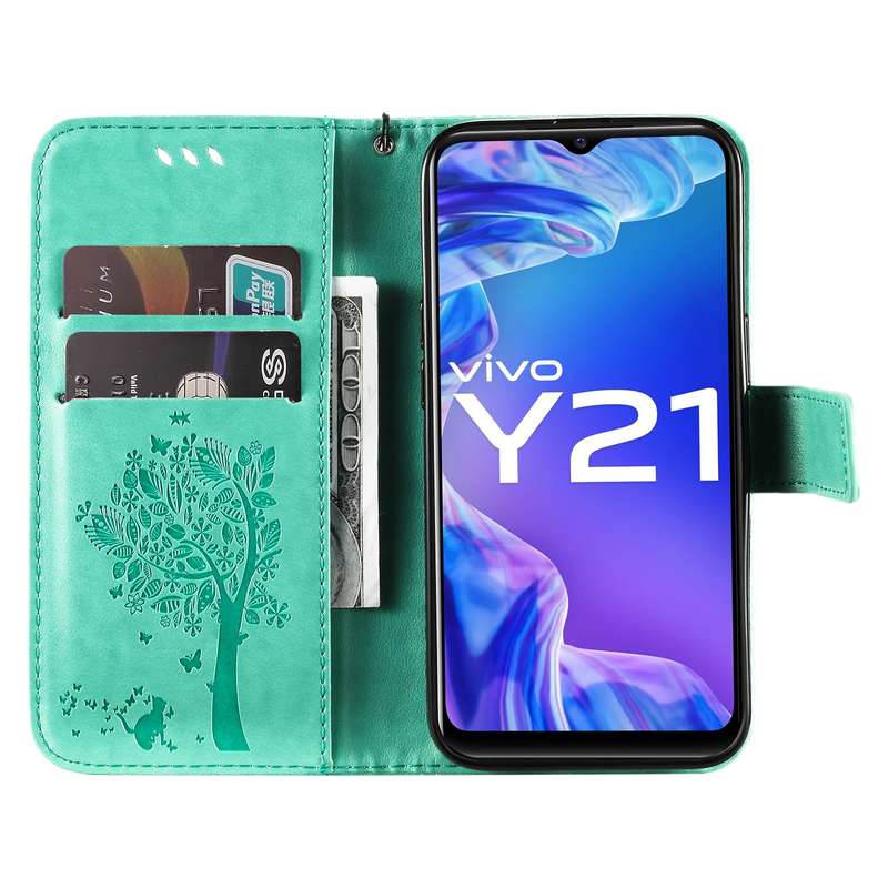 For vivo Y21/Y21s/Y33s Tree & Cat Embossing Pattern Horizontal Flip PU Leather Case with Holder & Ca
