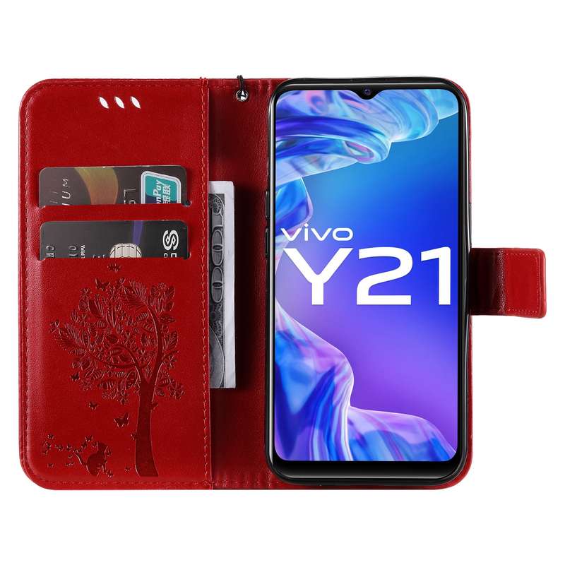 For vivo Y21/Y21s/Y33s Tree & Cat Embossing Pattern Horizontal Flip PU Leather Case with Holder & Ca