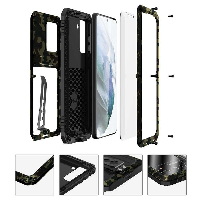 For Samsung Galaxy S21 5G Armor Shockproof Splash-proof Dust-proof Phone Case with Holder(Camouflage