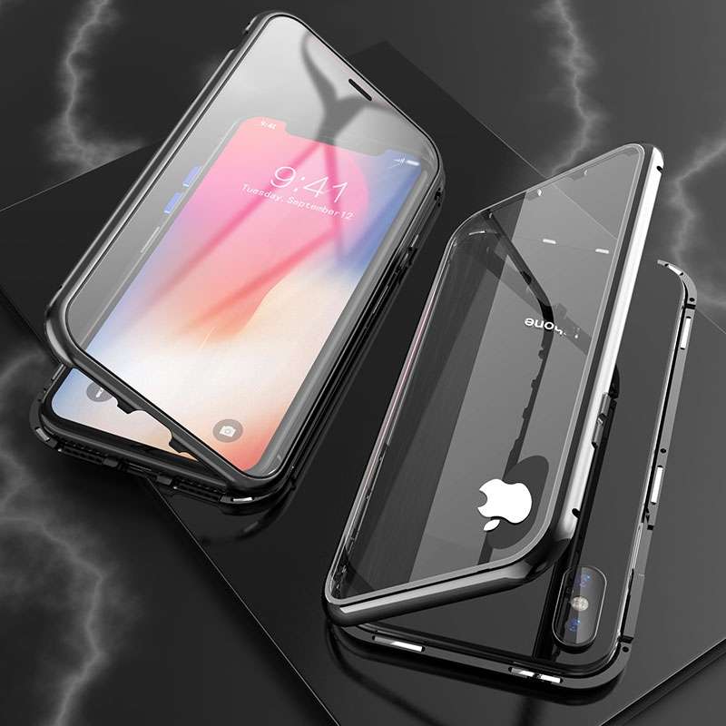 For iPhone XS Max Ultra Slim Double Sides Magnetic Adsorption Angular Frame Tempered Glass Magnet Fl