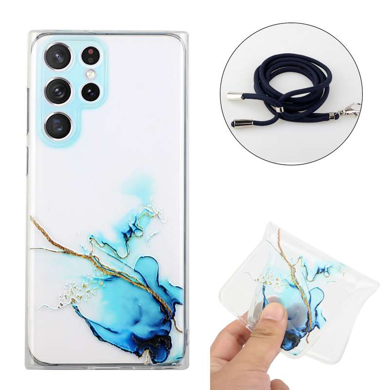 For Samsung Galaxy S22 Ultra 5G Hollow Marble Pattern TPU Shockproof Phone Case with Neck Strap Rope