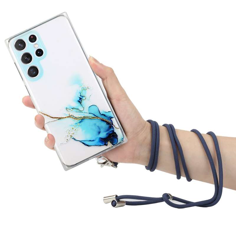 For Samsung Galaxy S22 Ultra 5G Hollow Marble Pattern TPU Shockproof Phone Case with Neck Strap Rope