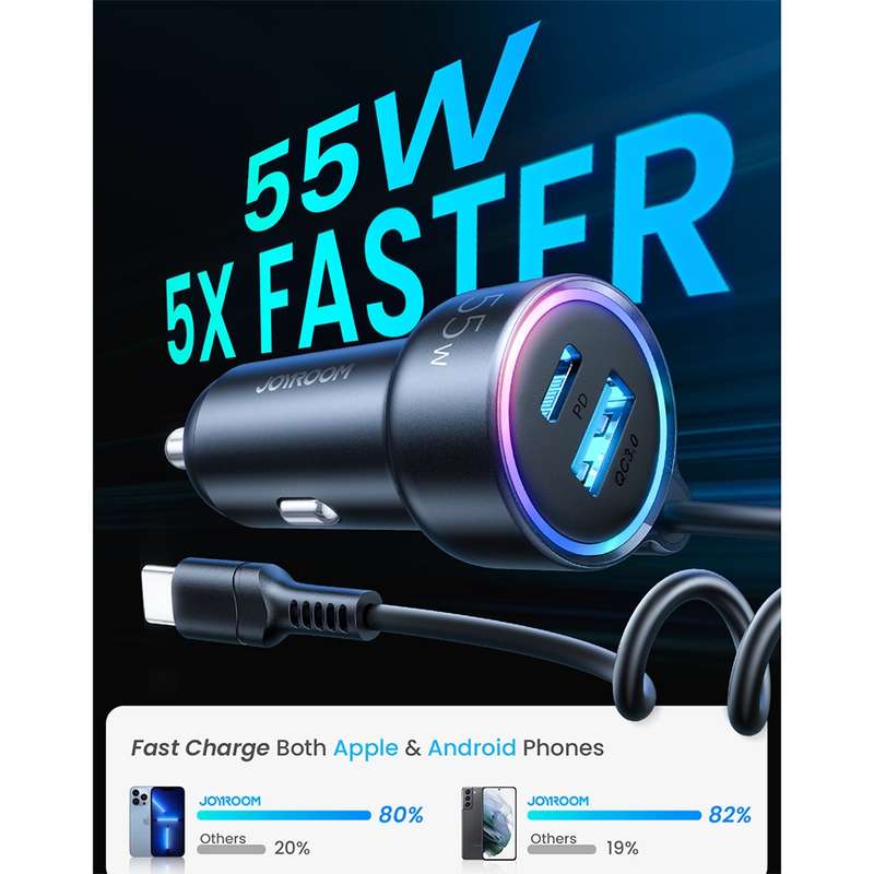 JOYROOM JR-CL07 3 in 1 55W PD USB-C / Type-C + USB Interface Car Charger with USB-C / Type-C Spring