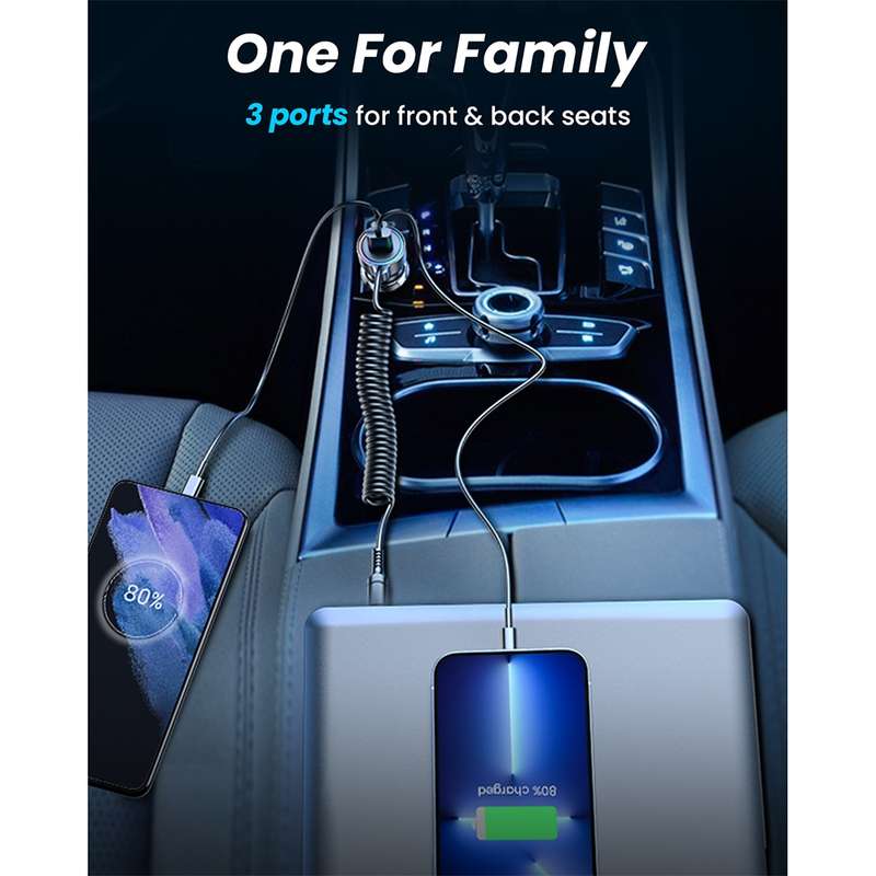 JOYROOM JR-CL07 3 in 1 55W PD USB-C / Type-C + USB Interface Car Charger with USB-C / Type-C Spring
